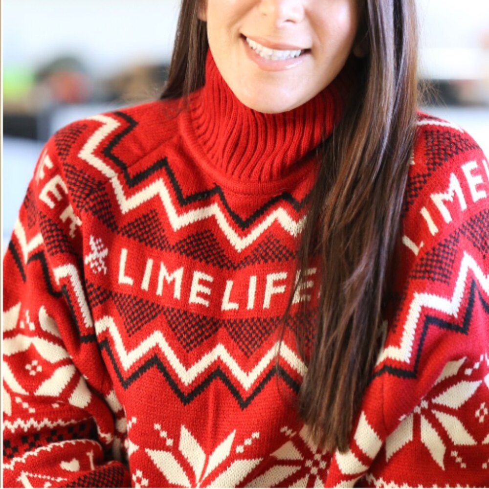 🎄 “Not-So Ugly” LimeLife Holiday Sweater  Red & White  Cozy Turtleneck – LARGE